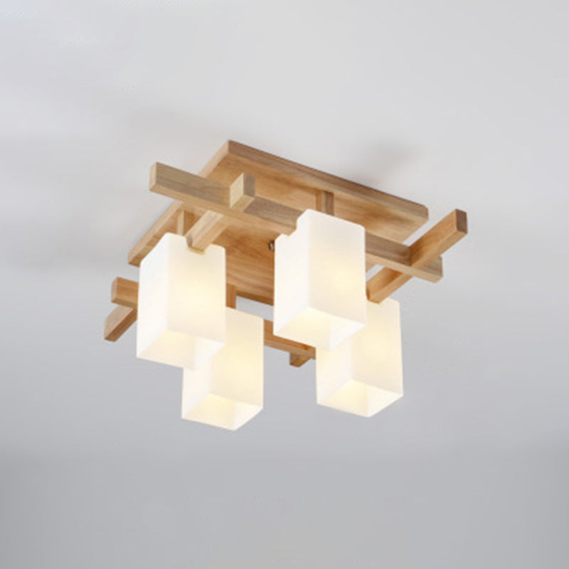 White Glass Block Flush Chandelier Nordic Style Wood Semi Flush Mount Light for Living Room