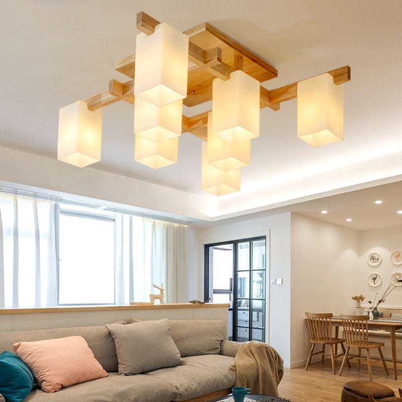 Blocco in vetro bianco a filo lampadario in stile nordico in legno semifulò la luce per soggiorno