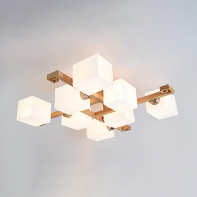 White Glass Block Flush Chandelier Nordic Style Wood Semi Flush Mount Light for Living Room