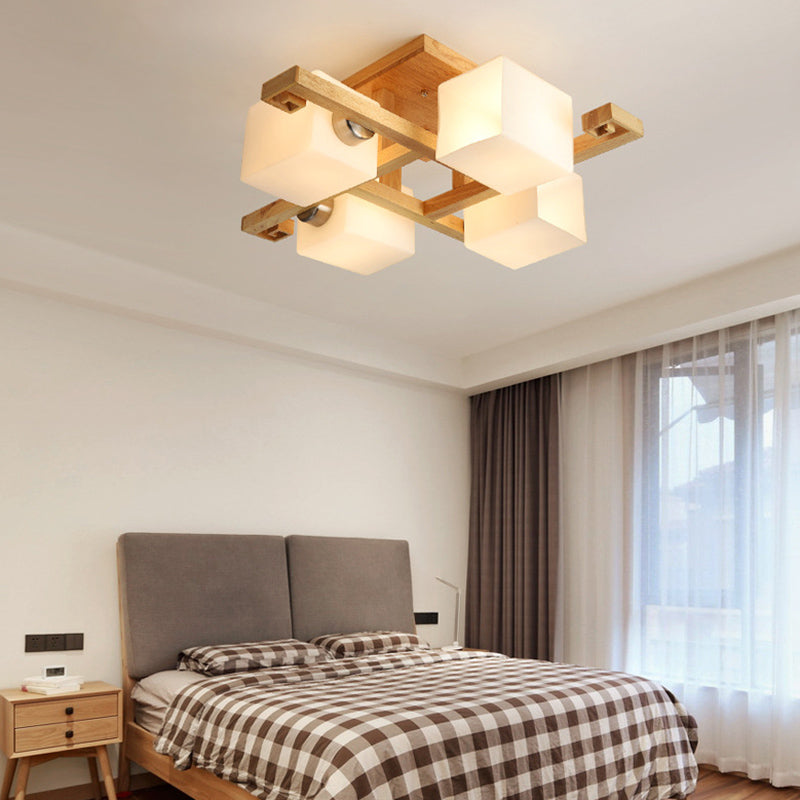 Weißer Glas Block Flush Kraut Nordic Style Holz Halbflush -Halterung Licht für Wohnzimmer