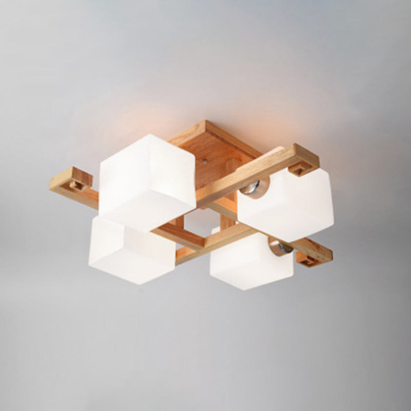 White Glass Block Flush Chandelier Nordic Style Wood Semi Flush Mount Light for Living Room