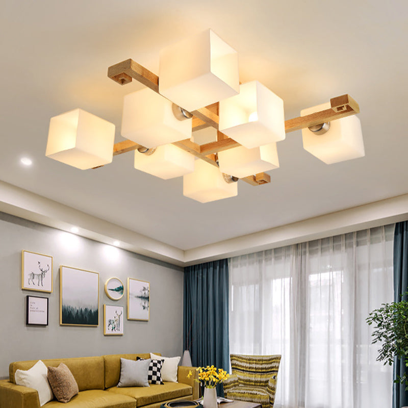 White Glass Block Flush Chandelier Nordic Style Wood Semi Flush Mount Light for Living Room