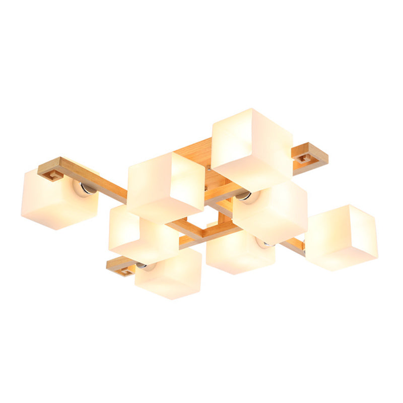 Weißer Glas Block Flush Kraut Nordic Style Holz Halbflush -Halterung Licht für Wohnzimmer