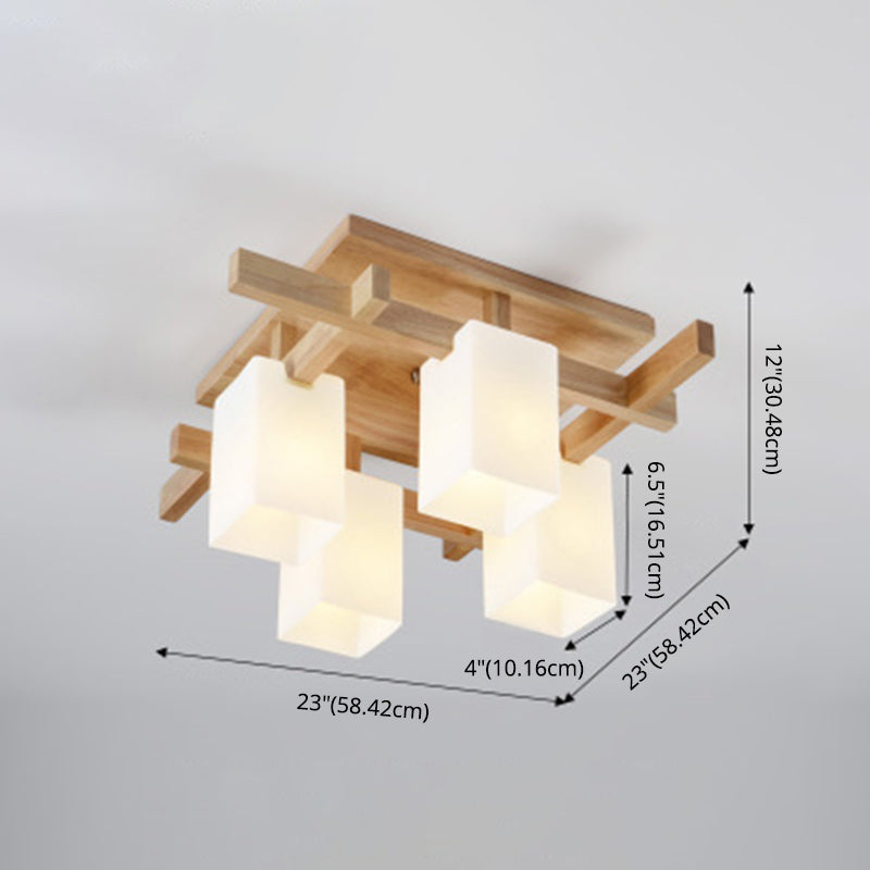 White Glass Block Flush Chandelier Nordic Style Wood Semi Flush Mount Light for Living Room