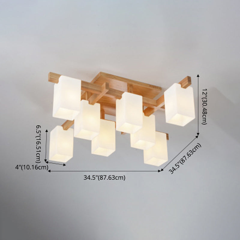 White Glass Block Flush Chandelier Nordic Style Wood Semi Flush Mount Light for Living Room