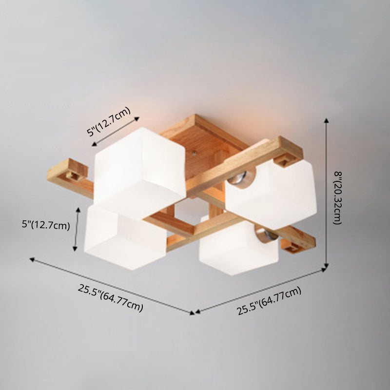 Weißer Glas Block Flush Kraut Nordic Style Holz Halbflush -Halterung Licht für Wohnzimmer