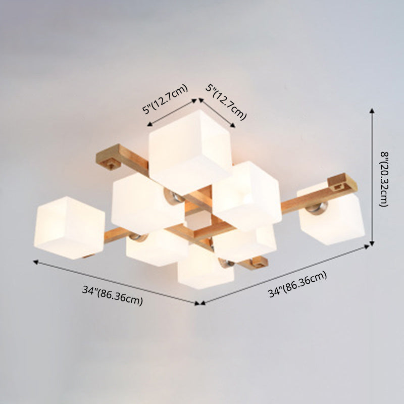 White Glass Block Flush Chandelier Nordic Style Wood Semi Flush Mount Light for Living Room