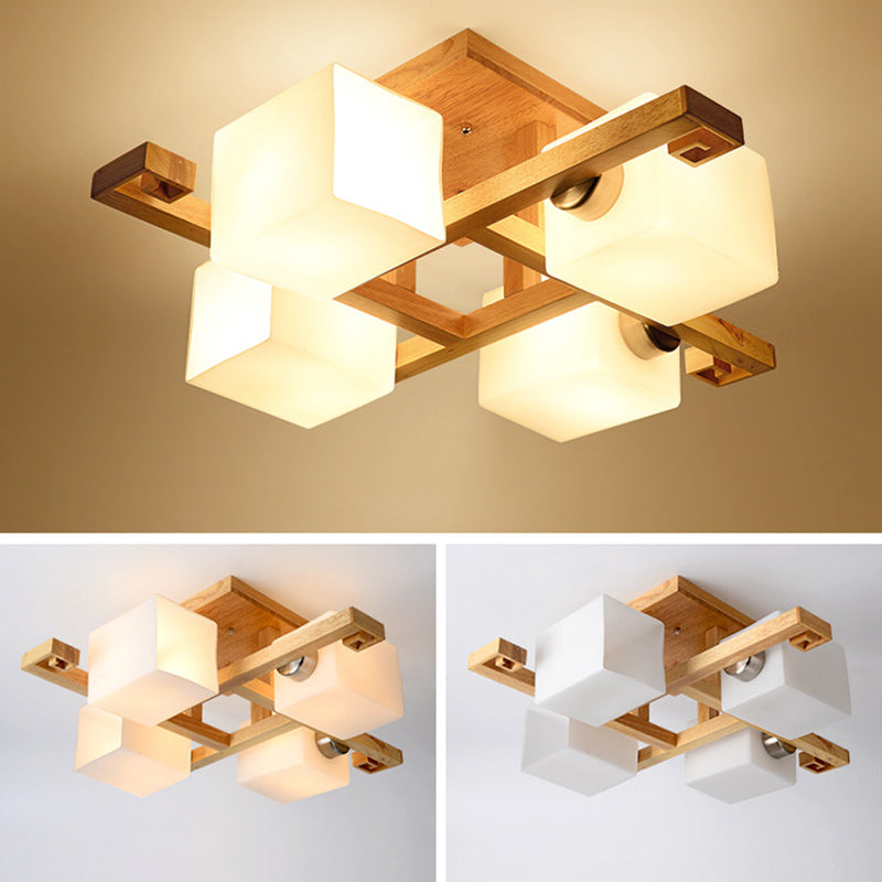 White Glass Block Flush Chandelier Nordic Style Wood Semi Flush Mount Light for Living Room