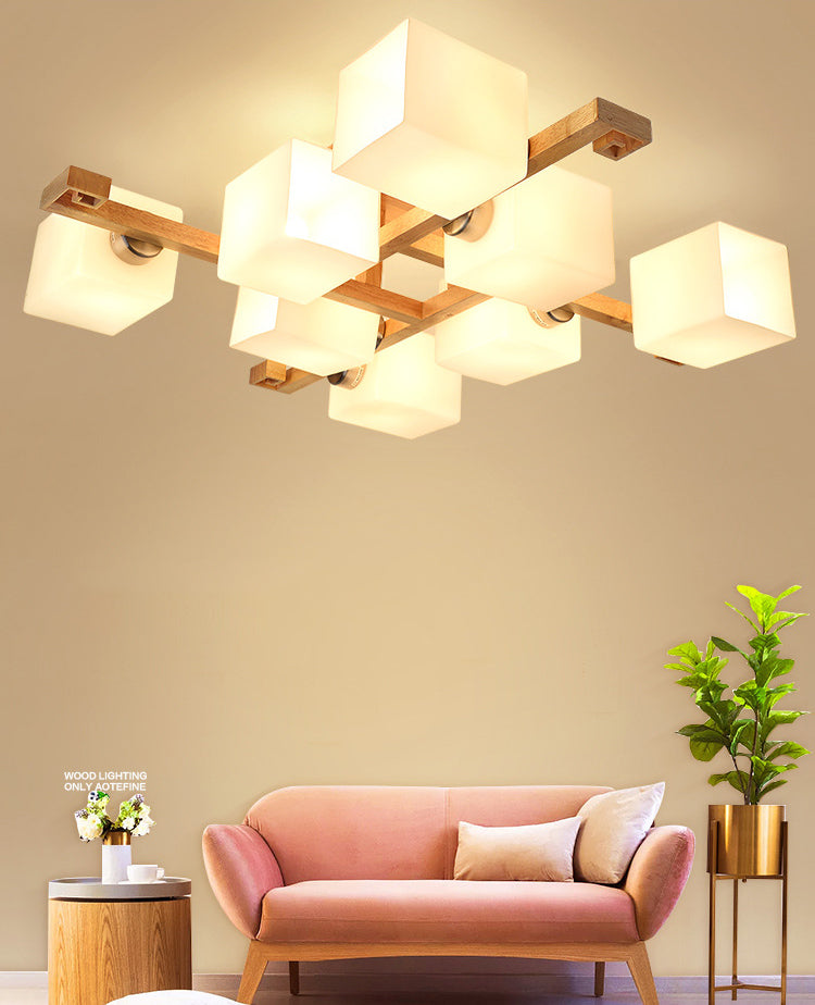 White Glass Block Flush Chandelier Nordic Style Wood Semi Flush Mount Light for Living Room