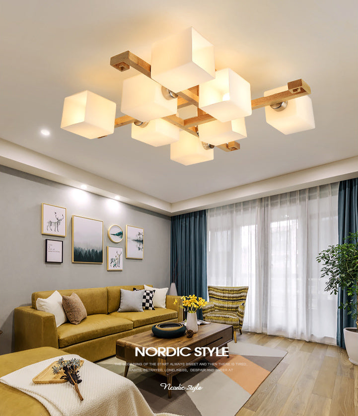 White Glass Block Flush Chandelier Nordic Style Wood Semi Flush Mount Light for Living Room