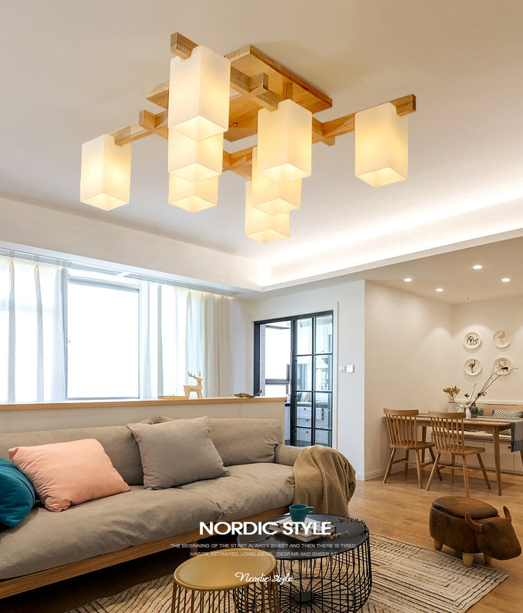 Blocco in vetro bianco a filo lampadario in stile nordico in legno semifulò la luce per soggiorno