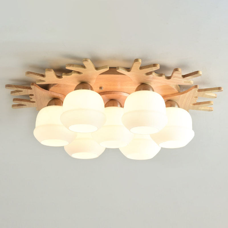 Nordic Antler Ceiling Mount Light Fixture Wooden Living Room Semi Flush Light with White Glass Shade