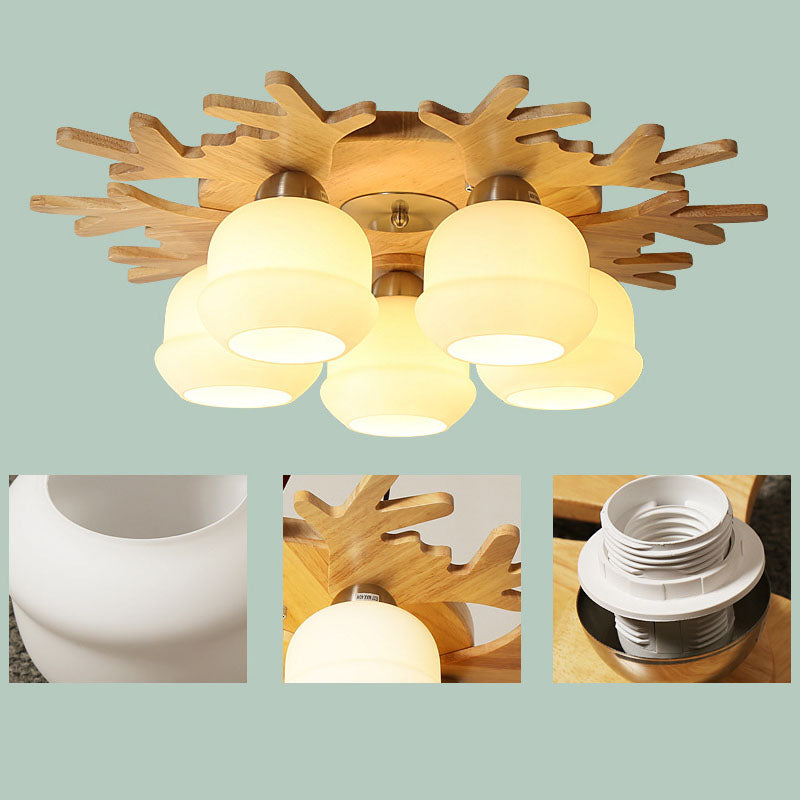 Nordic Antler Ceiling Mount Light Fixture Wooden Living Room Semi Flush Light with White Glass Shade