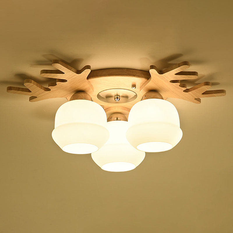 Nordic Antler Ceiling Mount Light Fixture Wooden Living Room Semi Flush Light with White Glass Shade