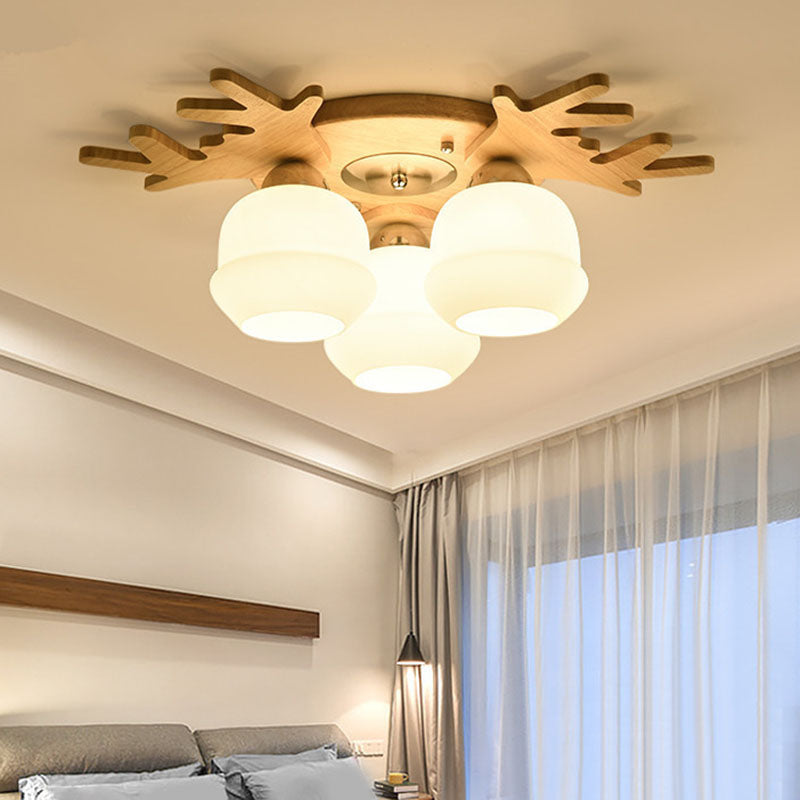 Nordic Antler Ceiling Mount Light Fixture Wooden Living Room Semi Flush Light with White Glass Shade