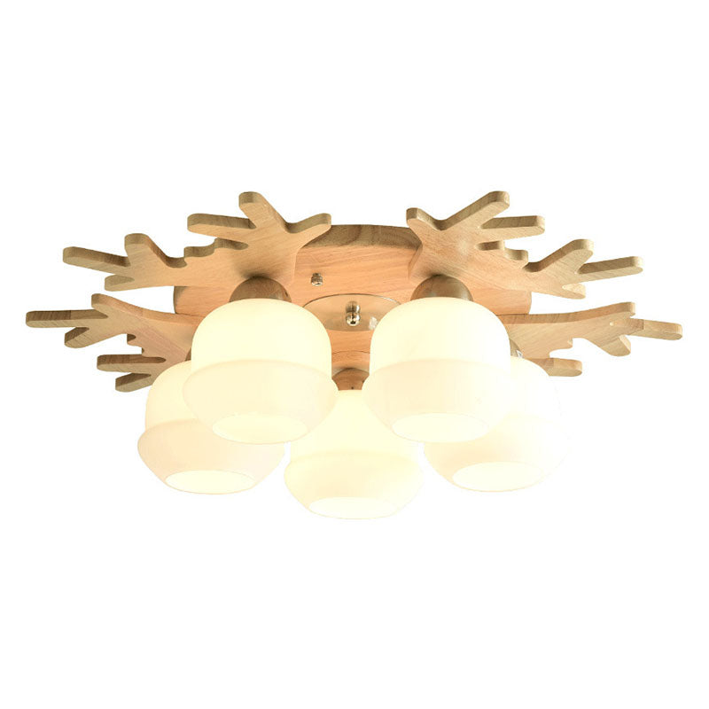 Nordic Antler Ceiling Mount Light Fixture Wooden Living Room Semi Flush Light with White Glass Shade