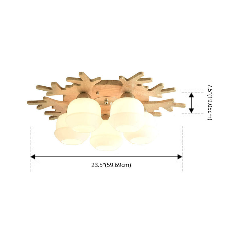 Lámpara de techo de asta nórdica Luz de lámpara de madera Sala de estar Semi Flush Light con sombra de vidrio blanco