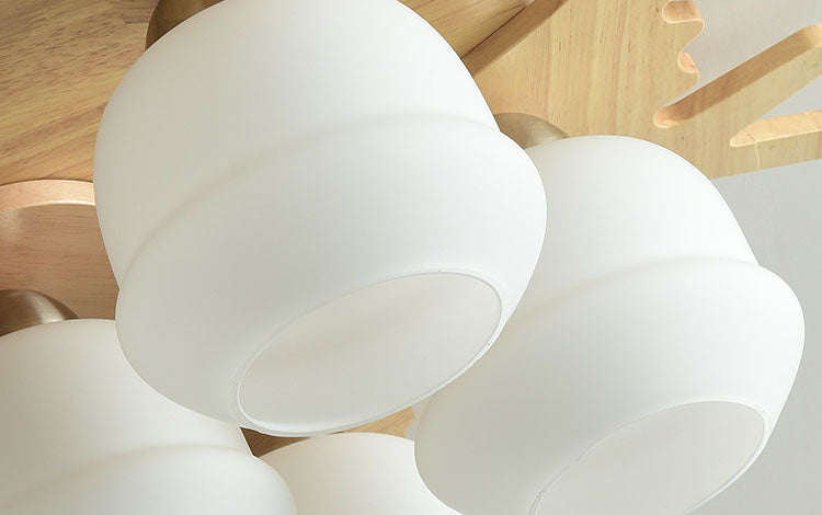 Lámpara de techo de asta nórdica Luz de lámpara de madera Sala de estar Semi Flush Light con sombra de vidrio blanco