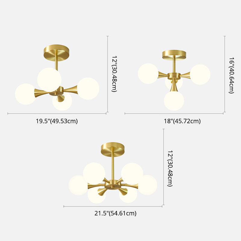 Global Semi Flush Ceiling Light Minimalist Opal Glass Bedroom Flush Light in Brass