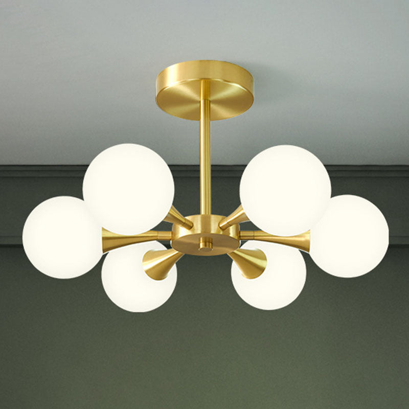 Global Semi Flush Ceiling Light Minimalist Opal Glass Bedroom Flush Light in Brass