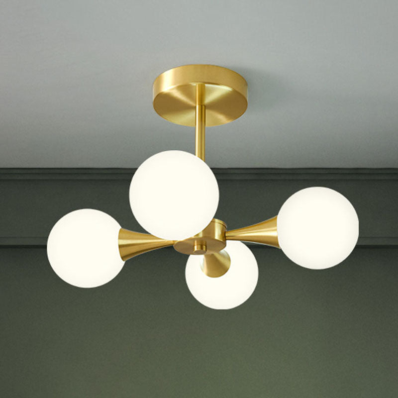 Global Semi Flush Ceiling Light Minimalist Opal Glass Bedroom Flush Light in Brass