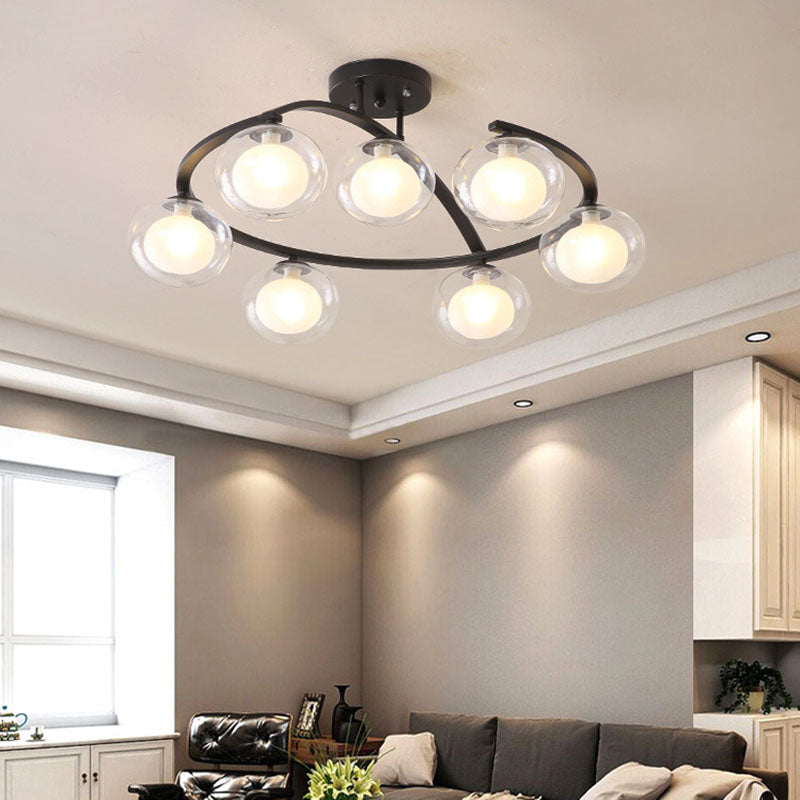 Double Glass Ball Ceiling Mounted Chandelier Minimalist Semi Flush Light for Bedroom