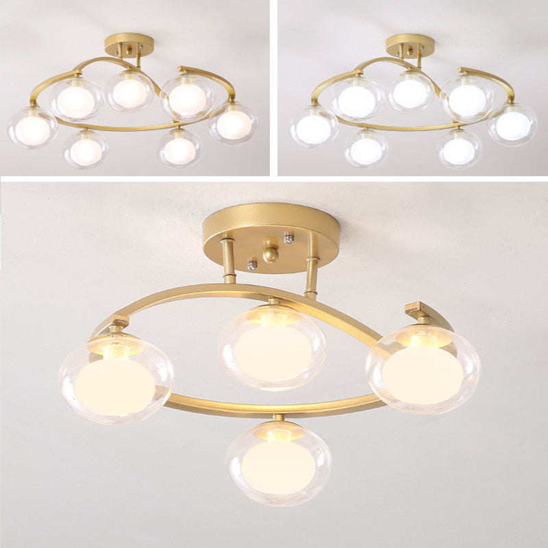 Double Glass Ball Ceiling Mounted Chandelier Minimalist Semi Flush Light for Bedroom