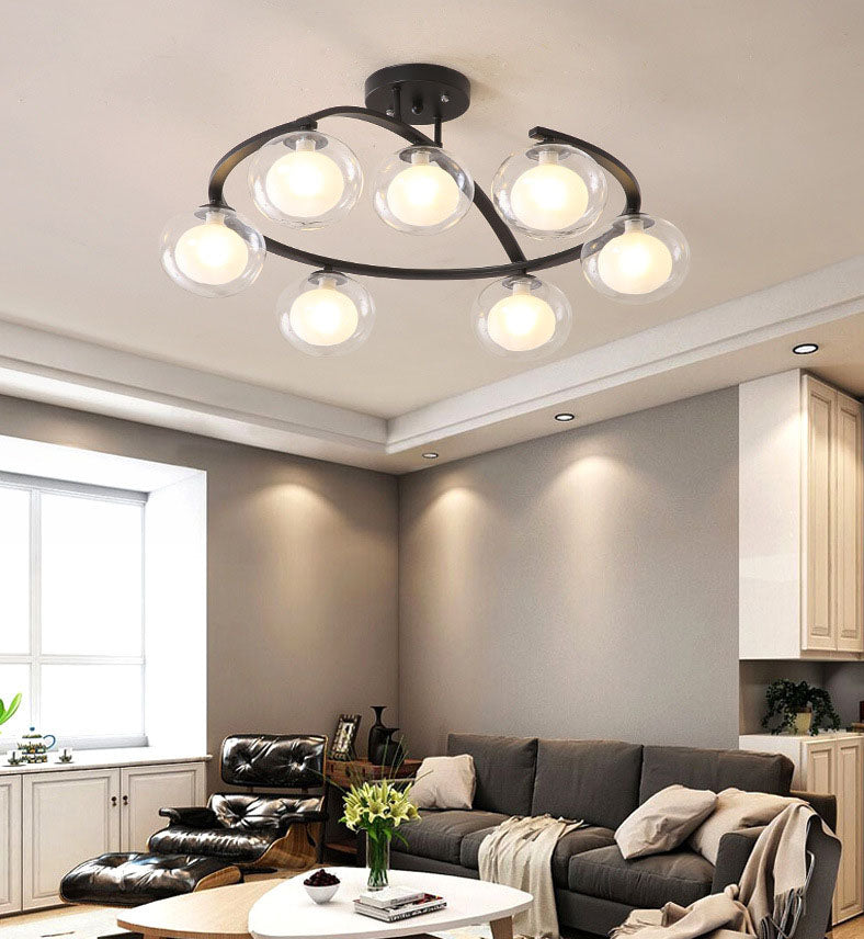 Double Glass Ball Ceiling Mounted Chandelier Minimalist Semi Flush Light for Bedroom