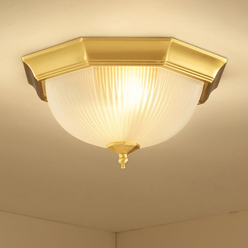 12.5"/15" W Dome Foyer Flush Mount Light Colonial Ribbed Opal Glass 2/3 Bulbs Brass Close to Ceiling Lamp