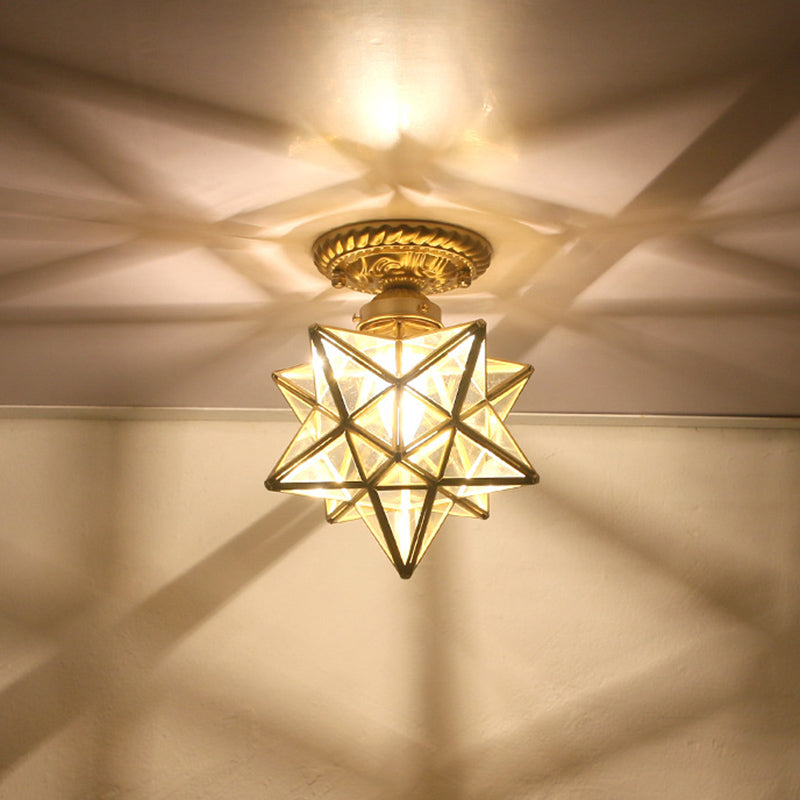 Brass Anise Star Shaped Flush Lamp Antique Style Glass 1 Bulb Foyer Semi Mount Lighting