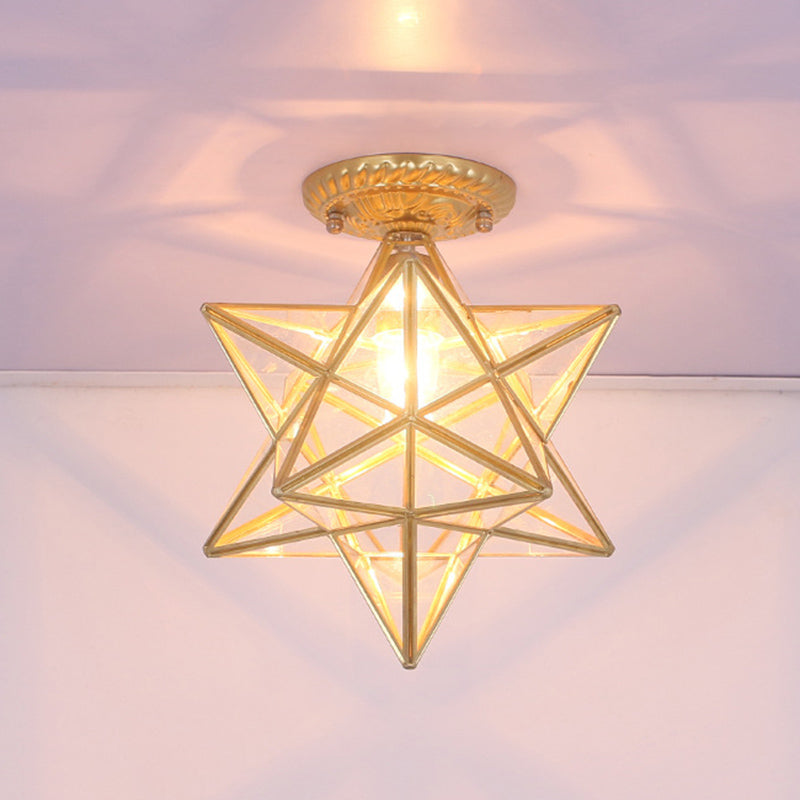 Brass Anise Star Shaped Flush Lamp Antique Style Glass 1 Bulb Foyer Semi Mount Lighting