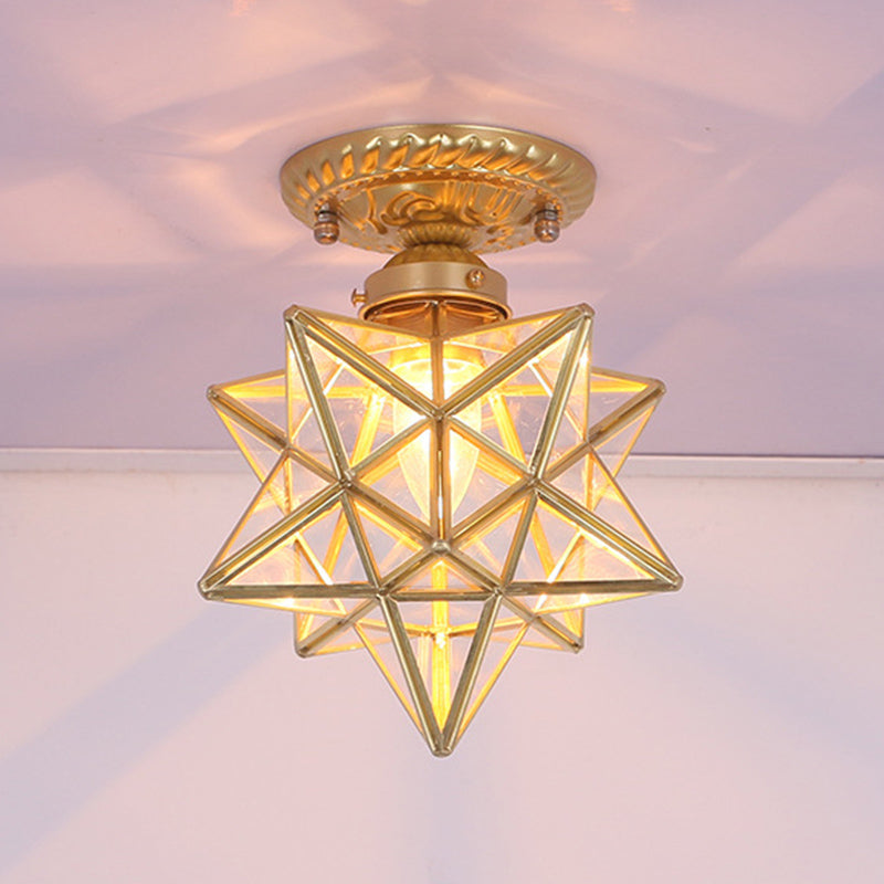 Brass Anise Star Shaped Flush Lamp Antique Style Glass 1 Bulb Foyer Semi Mount Lighting