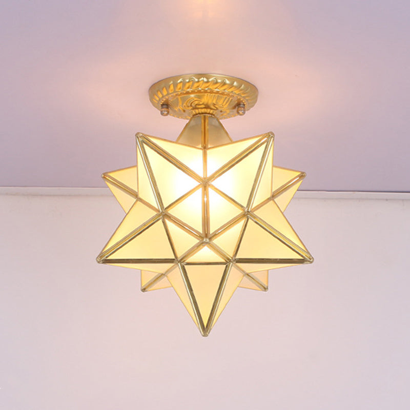 Brass Anise Star Shaped Flush Lamp Antique Style Glass 1 Bulb Foyer Semi Mount Lighting