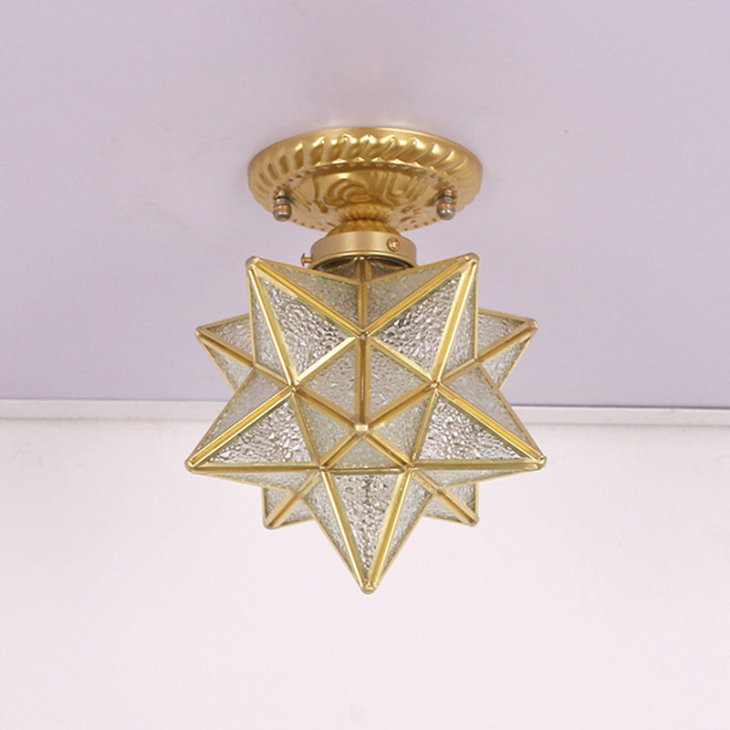 Brass Anise Star Shaped Flush Lamp Antique Style Glass 1 Bulb Foyer Semi Mount Lighting