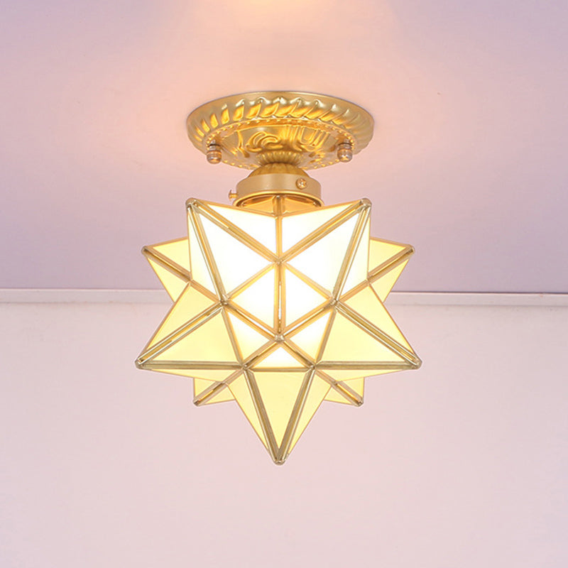 Brass Anise Star Shaped Flush Lamp Antique Style Glass 1 Bulb Foyer Semi Mount Lighting