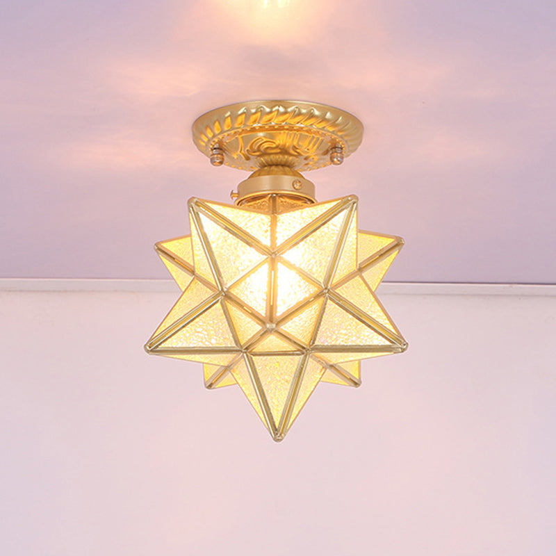 Brass Anise Star Shaped Flush Lamp Antique Style Glass 1 Bulb Foyer Semi Mount Lighting