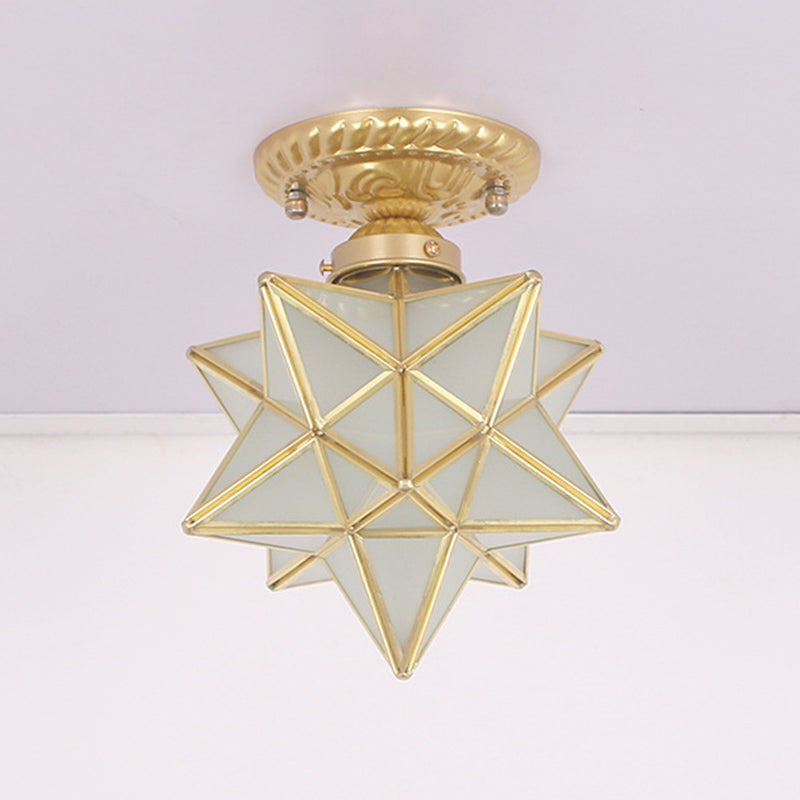 Brass Anise Star Shaped Flush Lamp Antique Style Glass 1 Bulb Foyer Semi Mount Lighting