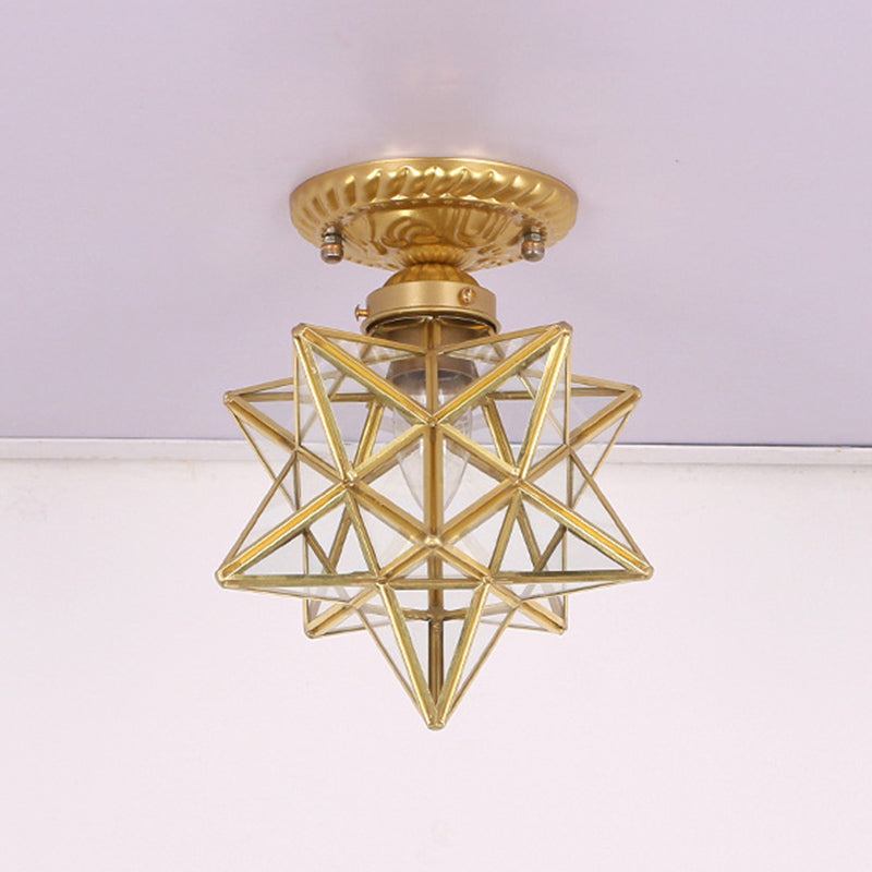 Brass Anise Star Shaped Flush Lamp Antique Style Glass 1 Bulb Foyer Semi Mount Lighting