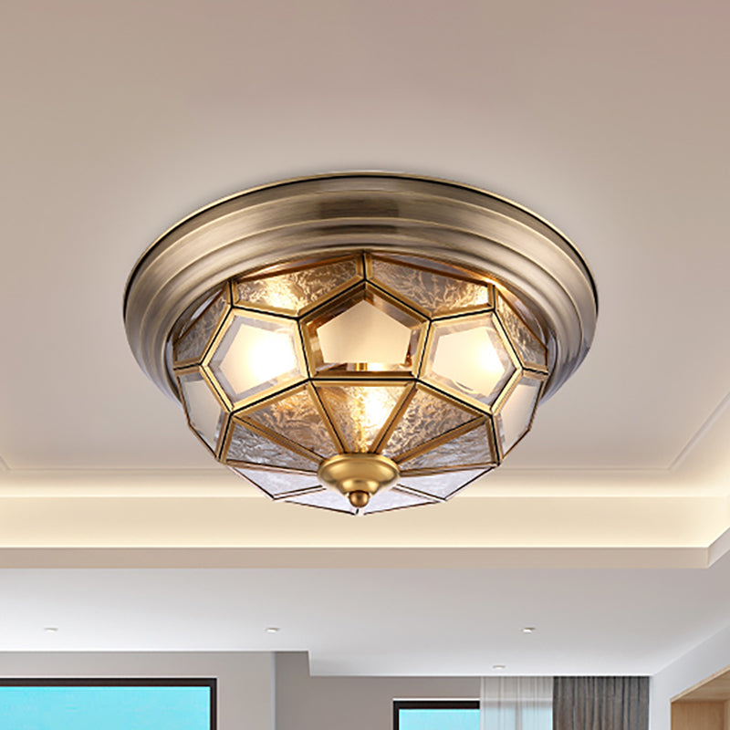 Frosted Bevel Glass Brass Ceiling Flush Faceted 3 Heads Colonialist Flush Mount Lamp for Bedroom