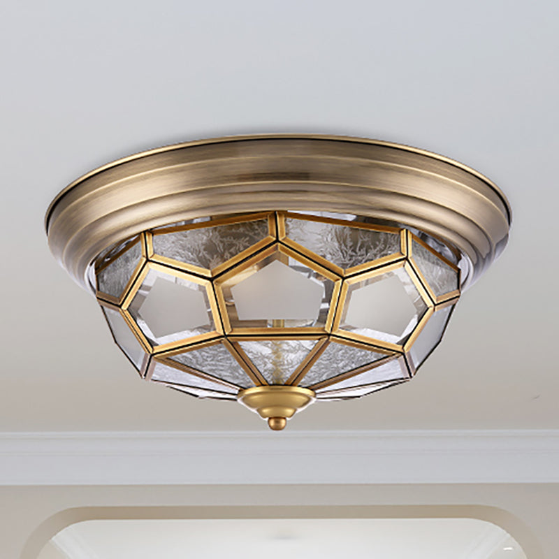 Frosted Bevel Glass Brass Ceiling Flush Faceted 3 Heads Colonialist Flush Mount Lamp for Bedroom