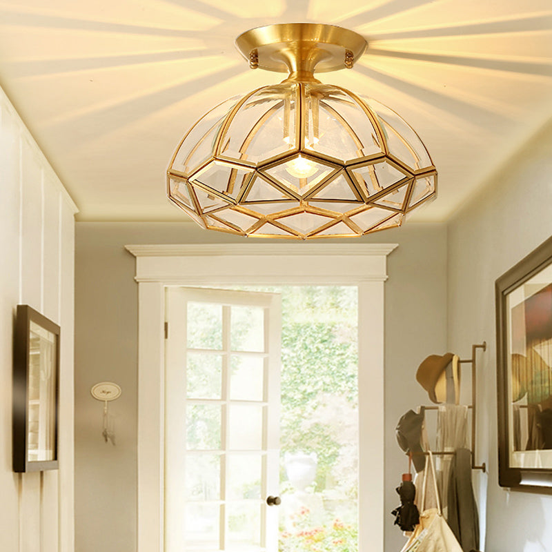 Colonial Style Bowl Ceiling Lighting 1-Light Clear Glass Semi Flush Mount Light in Brass