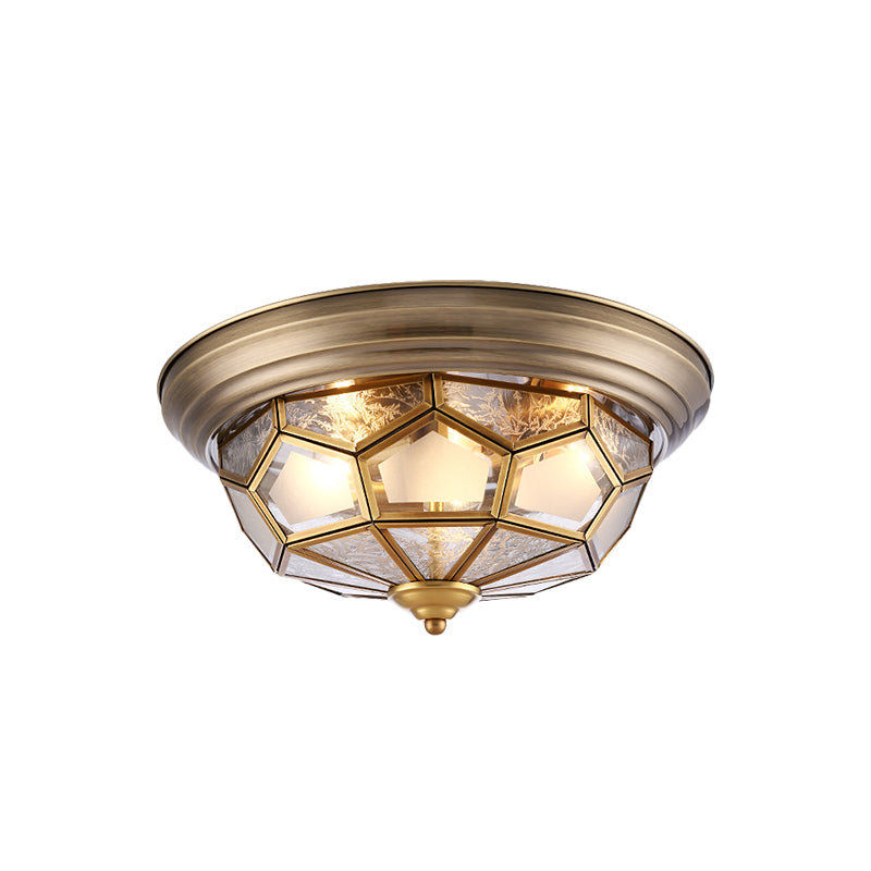 Frosted Bevel Glass Brass Ceiling Flush Faceted 3 Heads Colonialist Flush Mount Lamp for Bedroom