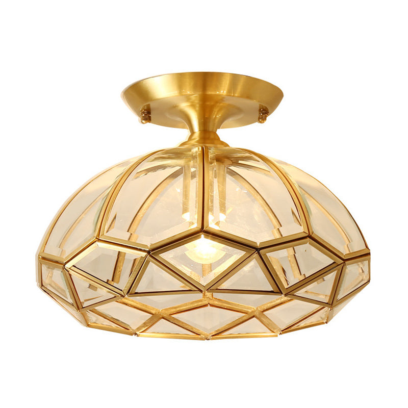 Colonial Style Bowl Ceiling Lighting 1-Light Clear Glass Semi Flush Mount Light in Brass