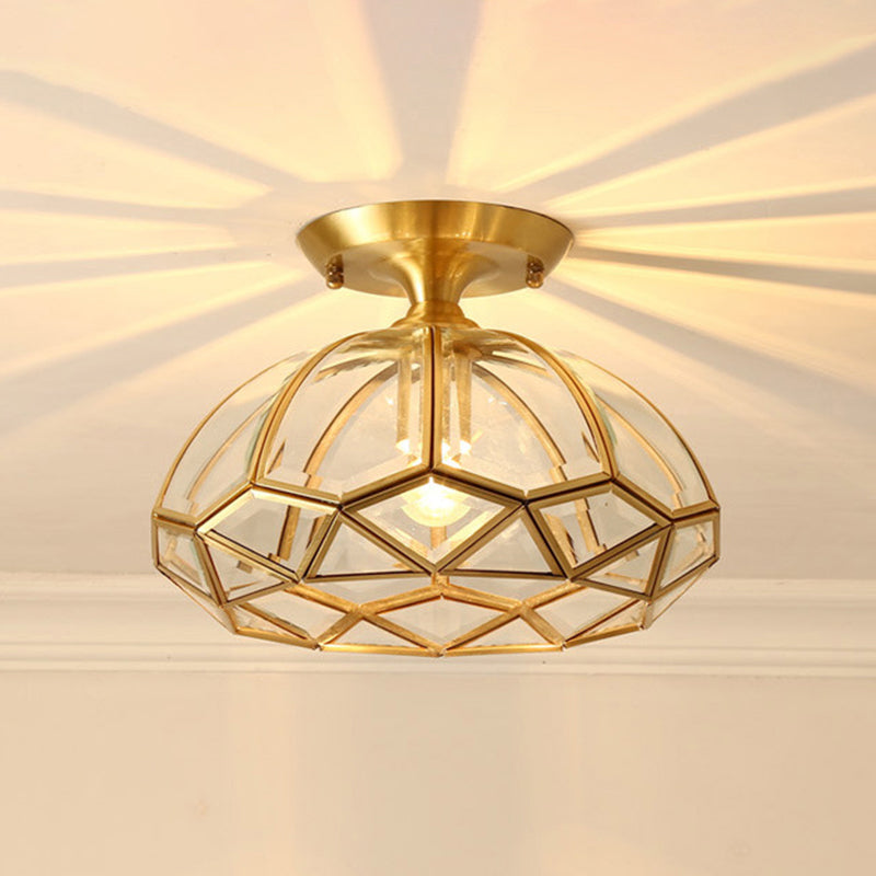 Colonial Style Bowl Ceiling Lighting 1-Light Clear Glass Semi Flush Mount Light in Brass