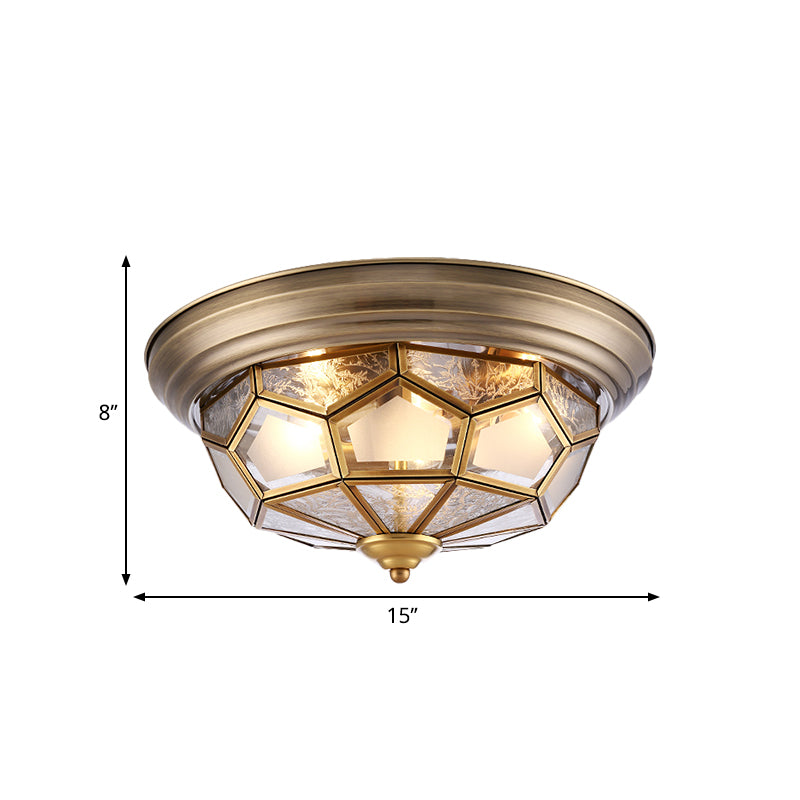 Frosted Bevel Glass Brass Ceiling Flush Faceted 3 Heads Colonialist Flush Mount Lamp for Bedroom