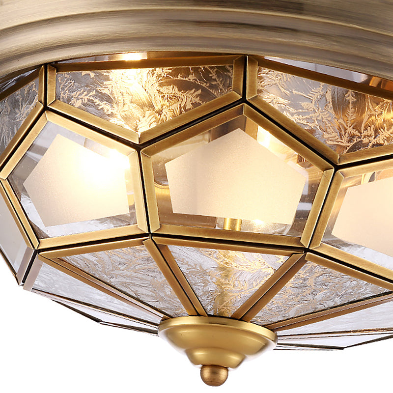 Frosted Bevel Glass Brass Ceiling Flush Faceted 3 Heads Colonialist Flush Mount Lamp for Bedroom