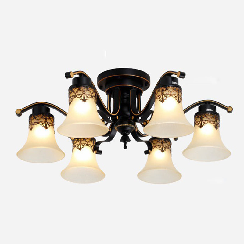 Retro Morning Glory Flush Mount Chandelier Frosted Glass Semi Flush Light in Black