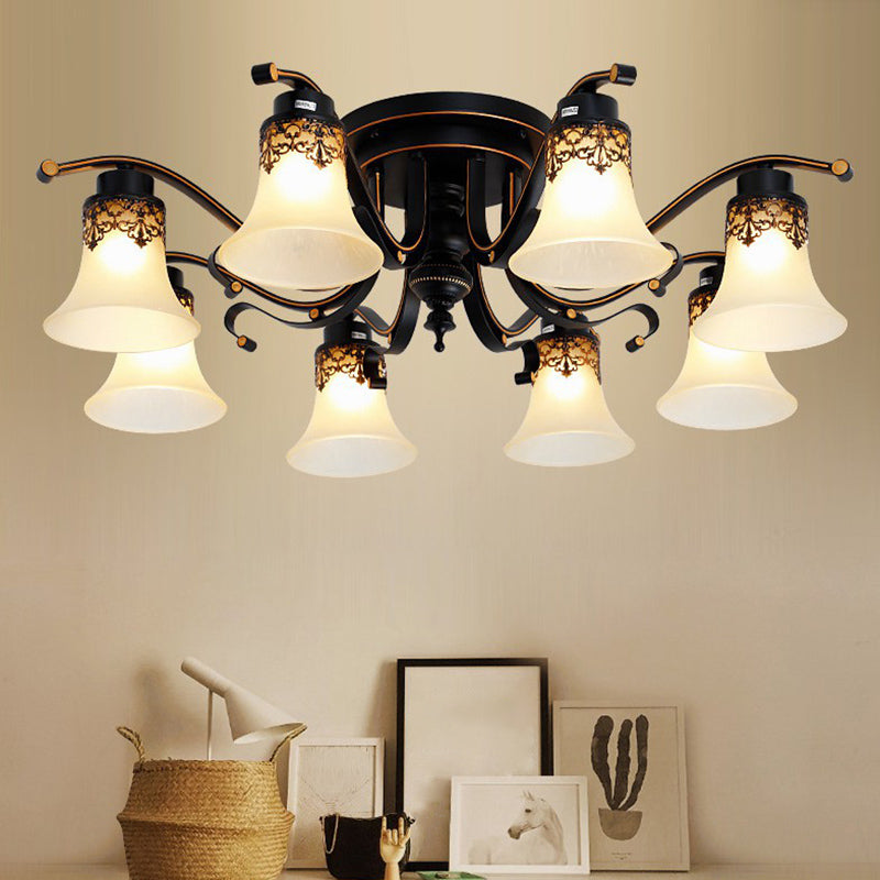 Retro Morning Glory Flush Mount Candelier de vidrio esmerilado Semi Flush Light in Black