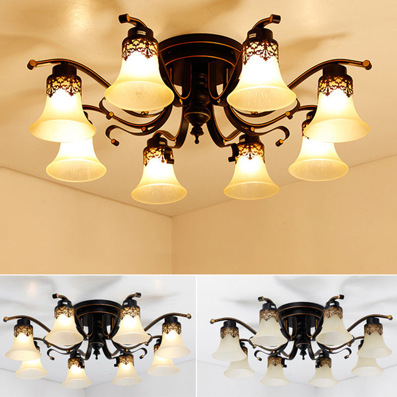 Retro Morning Glory Flush Mount Chandelier Frosted Glass Semi Flush Light in Black