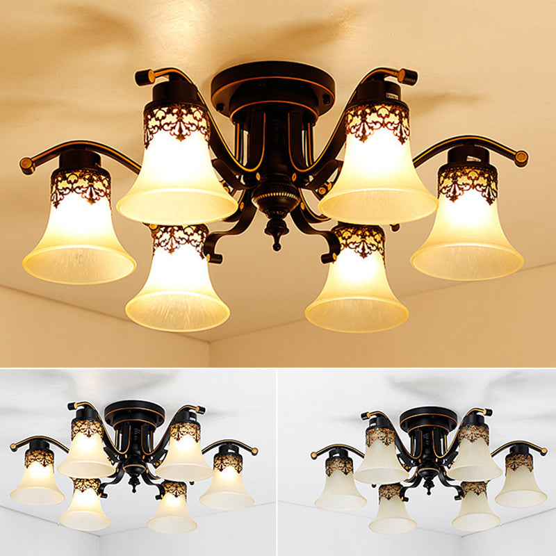 Retro Morning Glory Flush Mount Chandelier Frosted Glass Semi Flush Light in Black